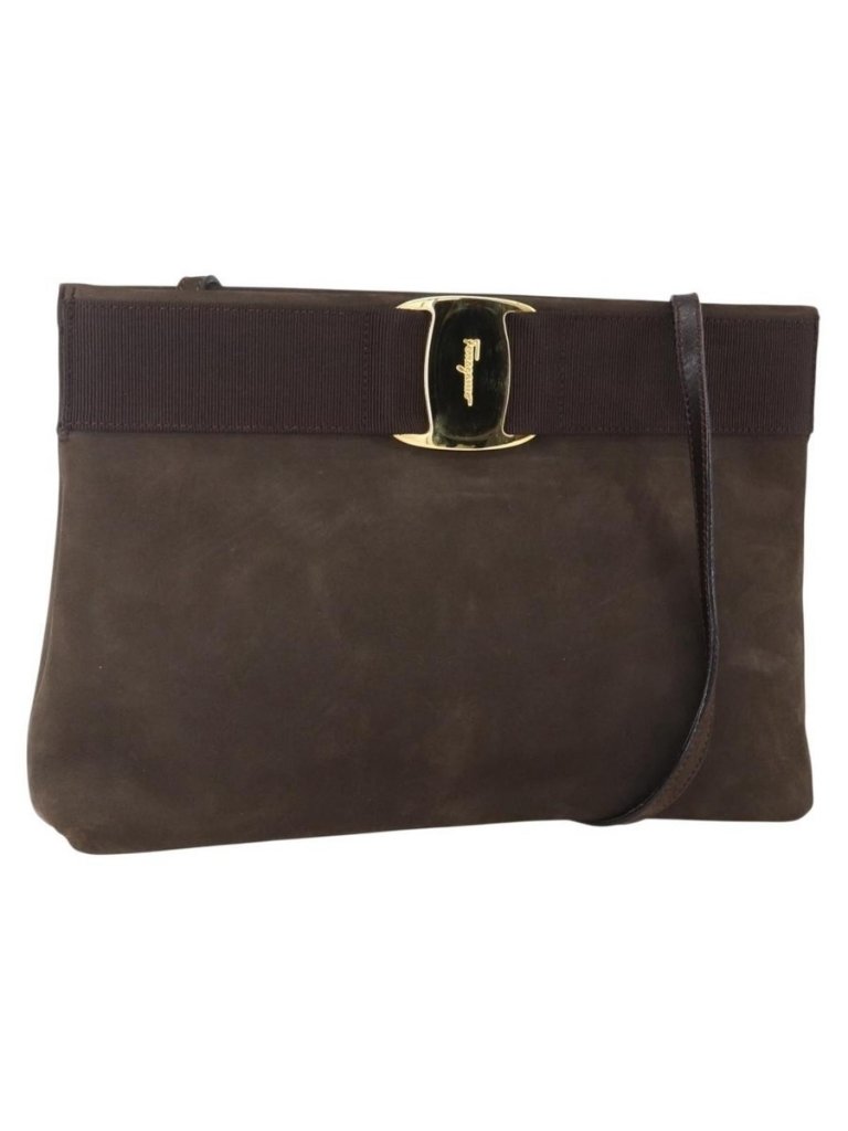 Authentic Salvatore Ferragamo Vala Shoulder Bag Suede Brown Gold